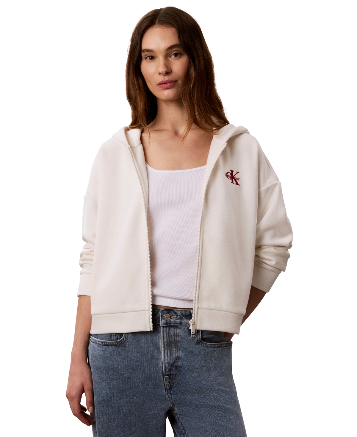 Calvin Klein Performance Women's Monogram Brushed French Terry Full-Zip Hoodie - Tofu