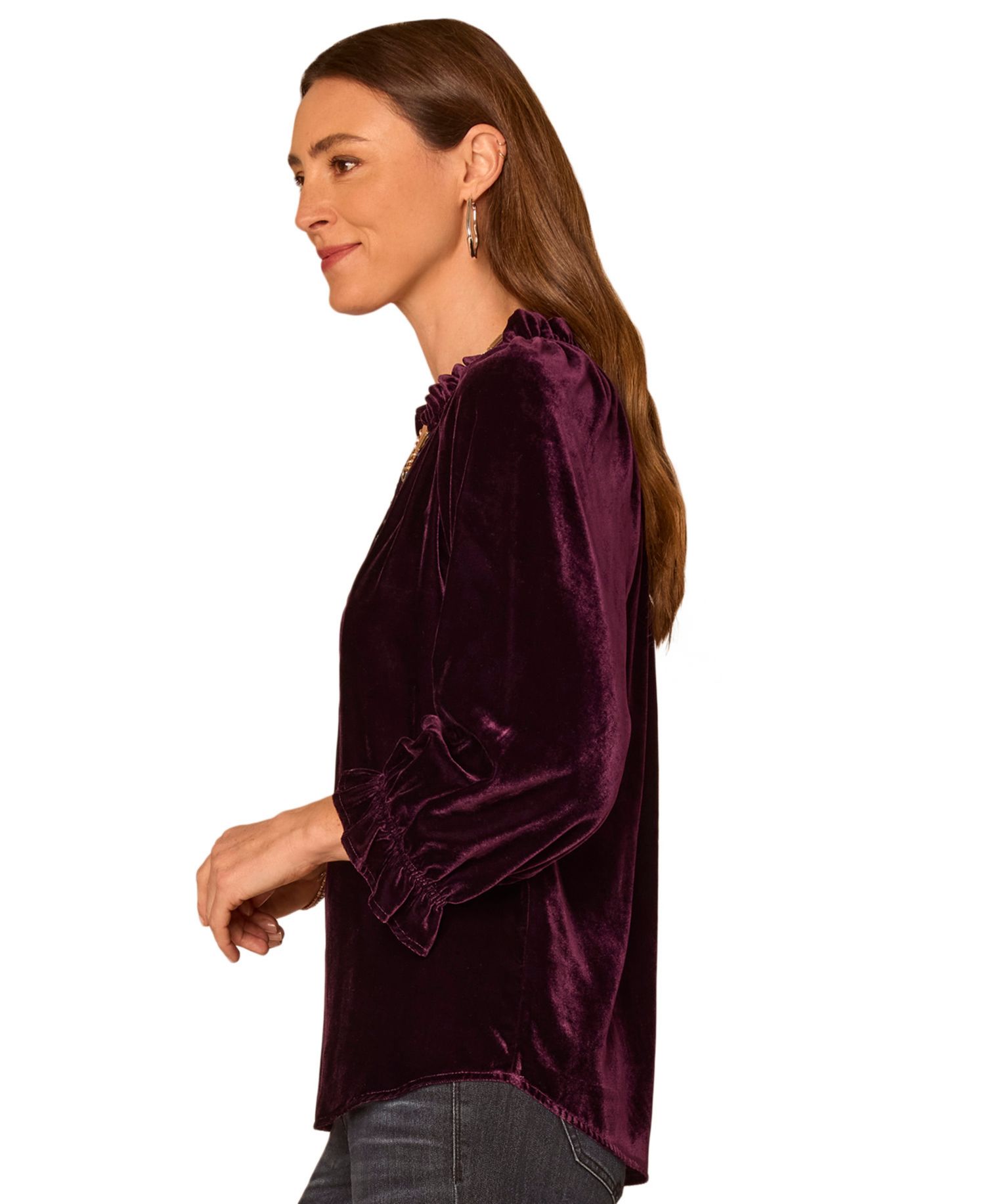 Women's Petite 3/4-Sleeve Velvet Split-Neck Blouse