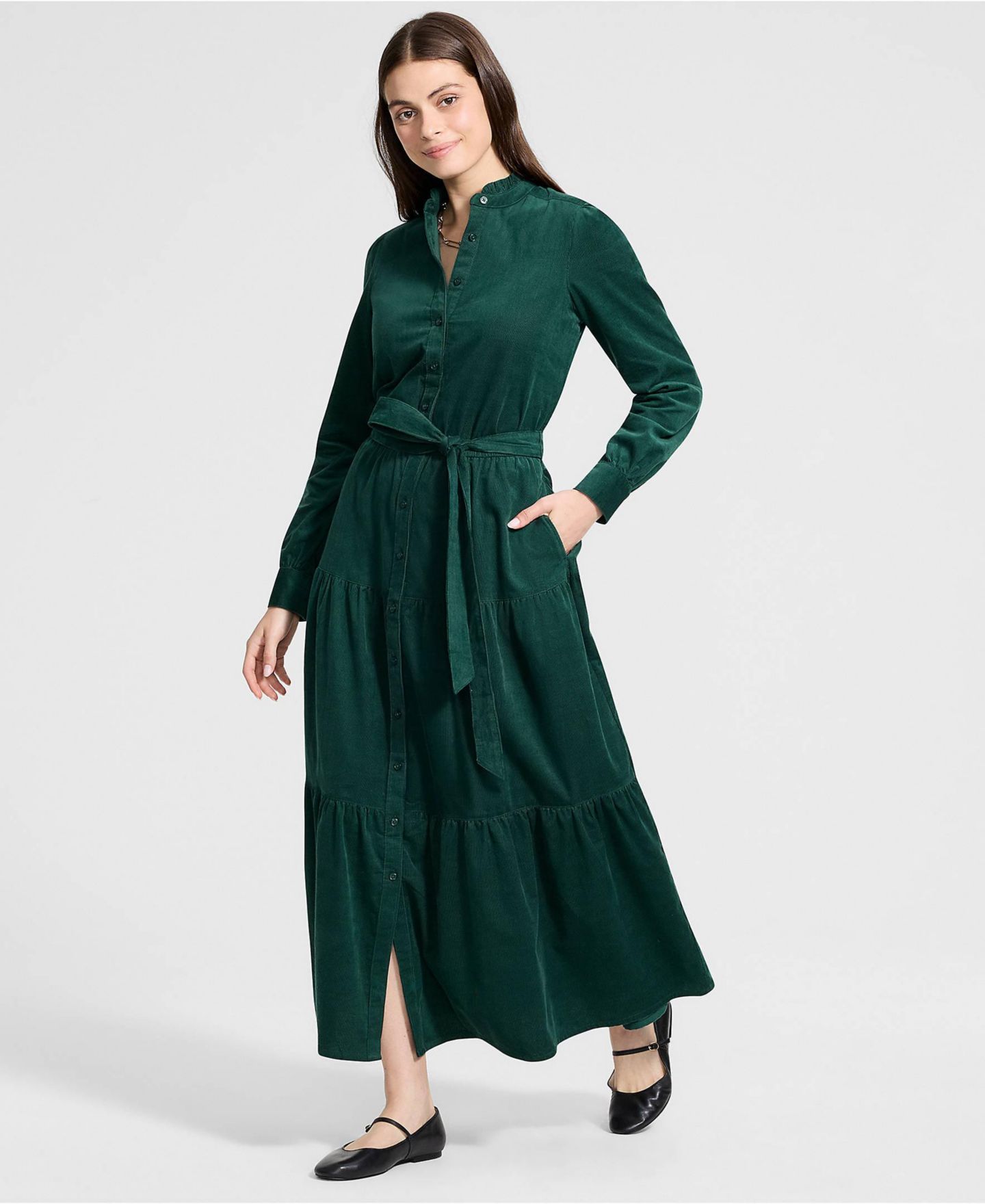 Женское платье Lands' End Tiered Corduroy Long-Sleeve, цвет: Вечнозелёный — фото 4