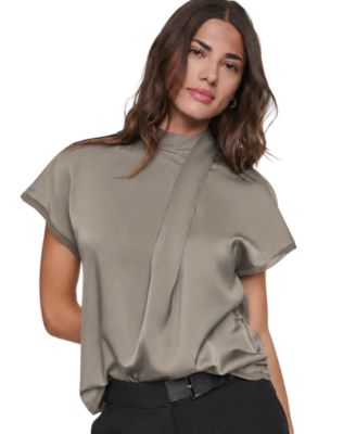 Women's Short-Sleeve Mock-Neck Satin Blouse