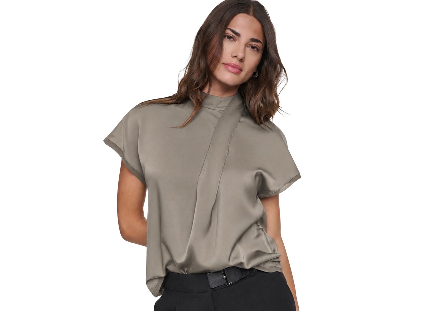 Women's Short-Sleeve Mock-Neck Satin Blouse