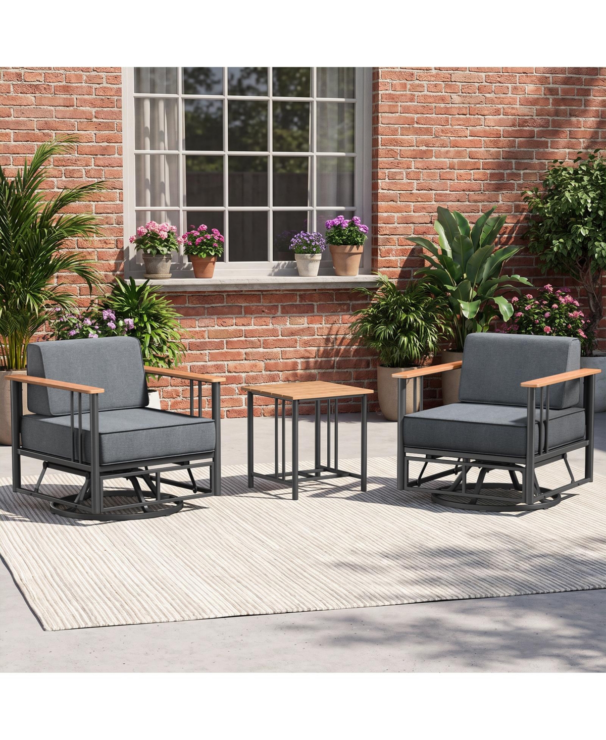 Pocassy Luxury 3 Pieces Outdoor Conversation Set with Swivel Rocking Chairs, Deep Seating Patio Furniture Set