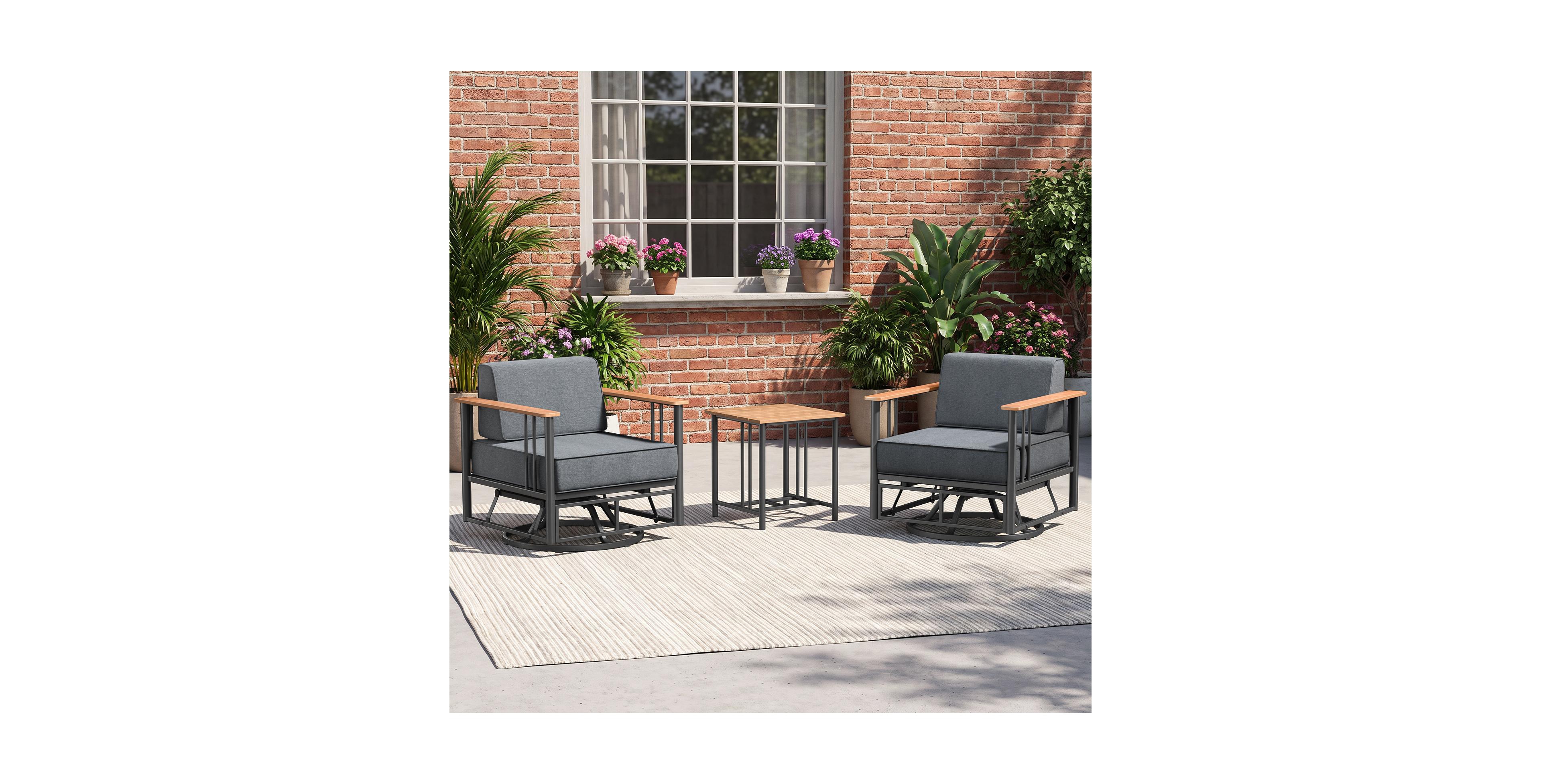 Pocassy Luxury 3 Pieces Outdoor Conversation Set with Swivel Rocking Chairs, Deep Seating Patio Furniture Set