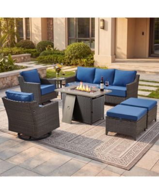 Horiz 7-Piece Wicker Patio Set with 50,000 BTU Fire Pit Table and Swivel Rocker Chairs