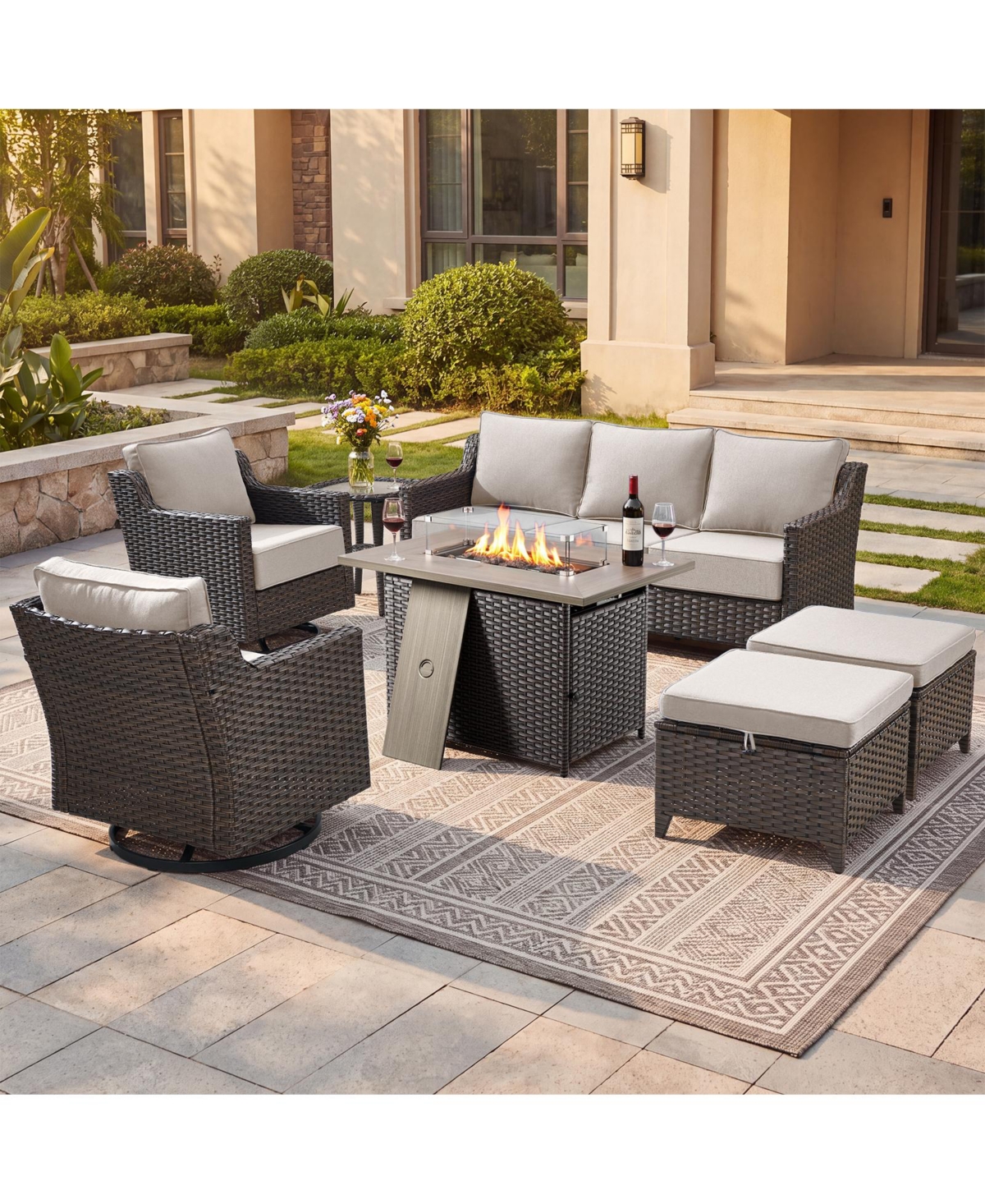 Pocassy Horiz 7-Piece Wicker Patio Set with 50,000 Btu Fire Pit Table and Swivel Rocker Chairs