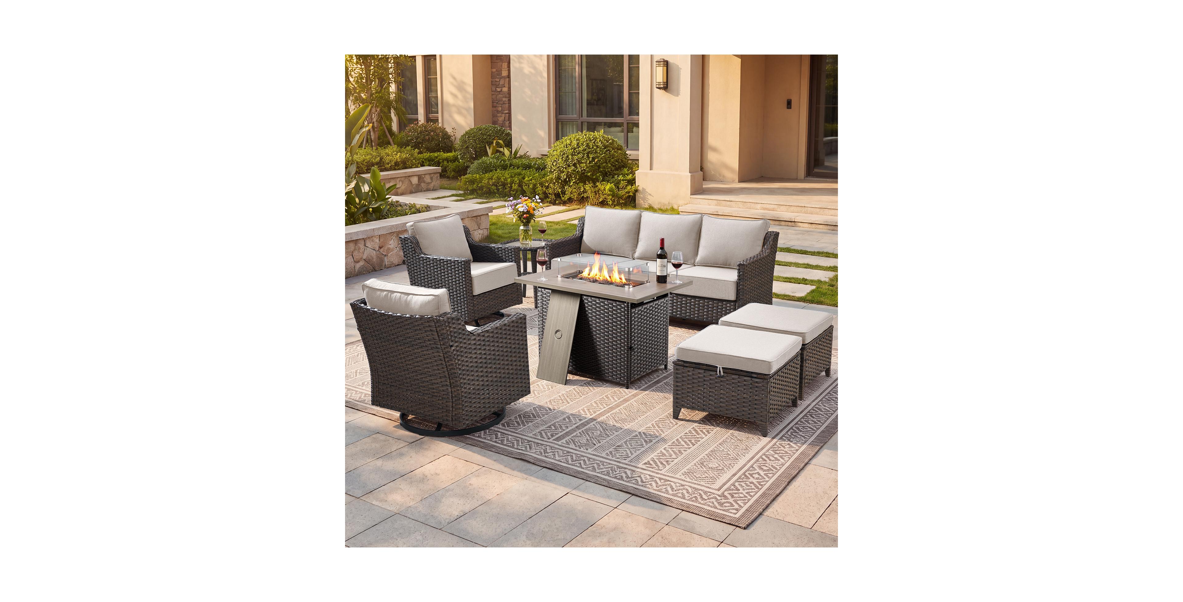 Pocassy Horiz 7-Piece Wicker Patio Set with 50,000 Btu Fire Pit Table and Swivel Rocker Chairs