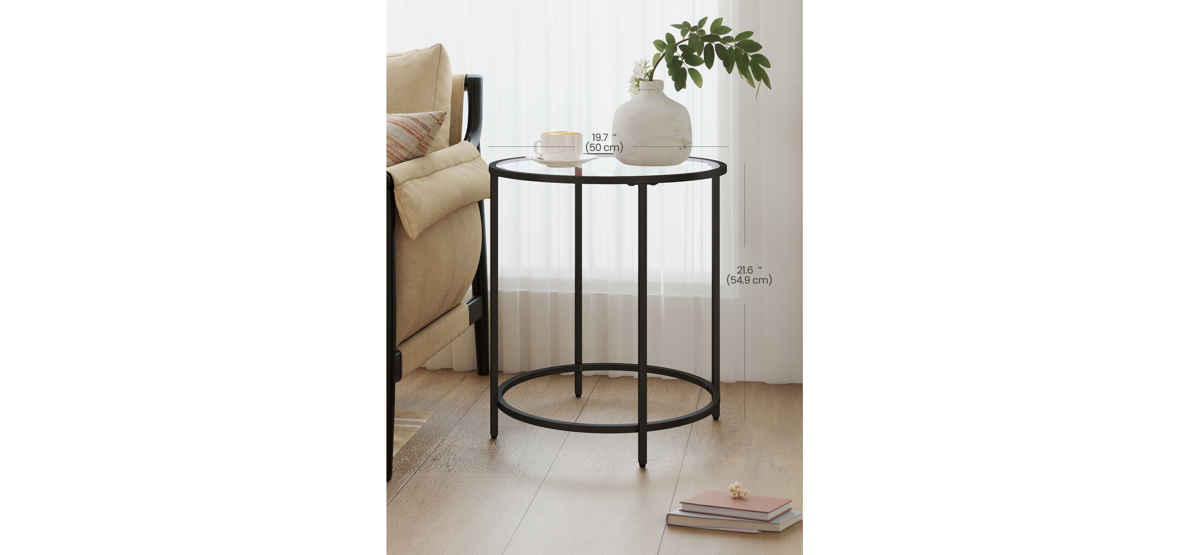 SongmicsHome Round Side Table, Glass End Table with Metal Frame, Modern Coffee Table, for Living Room, Balcony, Bedroom