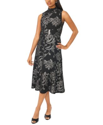 Women's Floral Mock-Neck A-Line Midi Dress