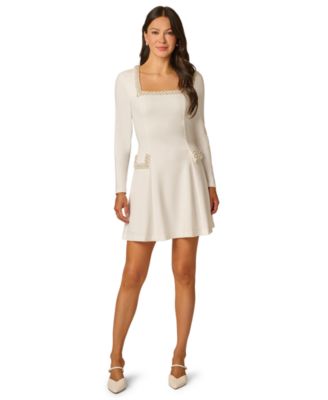 Women's Pearl Detail Long-Sleeve Square-Neck Short Dress