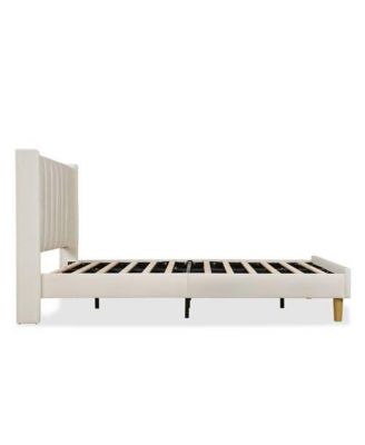 Twin Platform Bed Frame with Mid-Century Design and Velvet Headboard