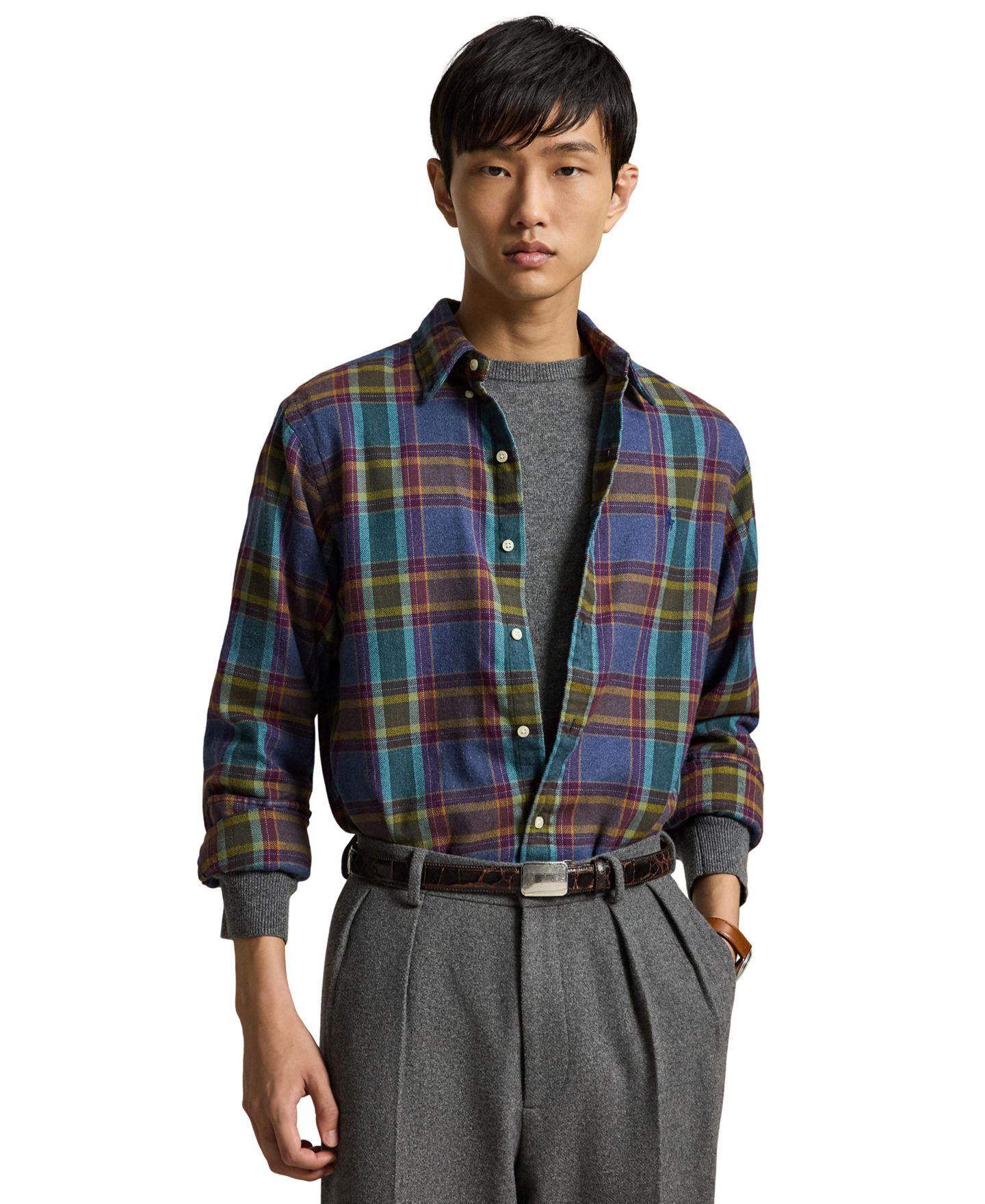 Мужская рубашка Polo Ralph Lauren Long-Sleeve Plaid Brushed Flannel, цвет: Синий фиолетовый меланжевый разноцветный — фото 1