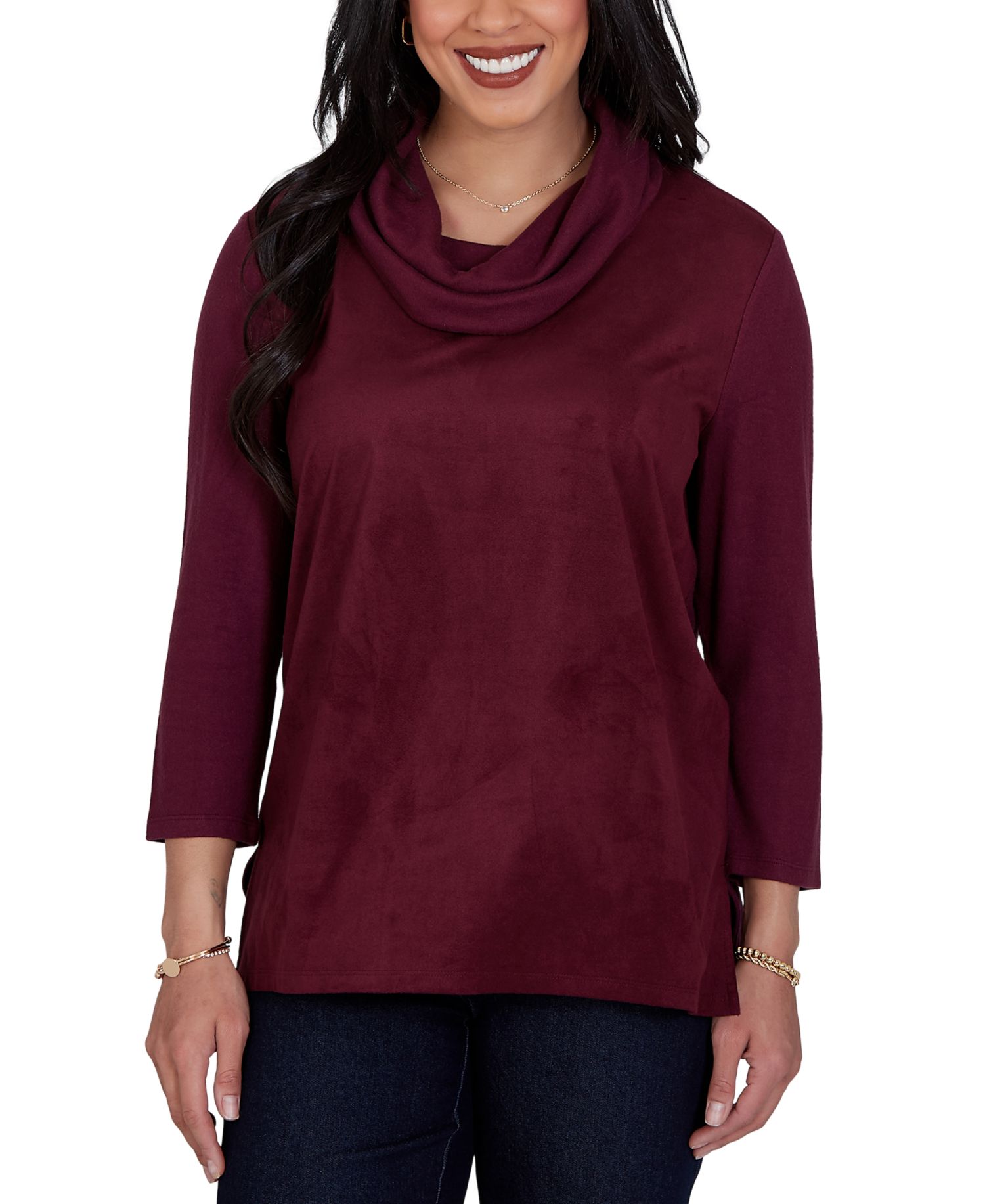 Petite Cowl Neck 3/4-Sleeve Side-Slit Blouse
