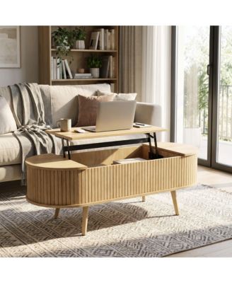 Mid-Century 47.2" Oval Lift Top Coffee Table with Fluted Panel & Large Hidden Storage – Dual-Zone Hydraulic Wood Table for Living Room