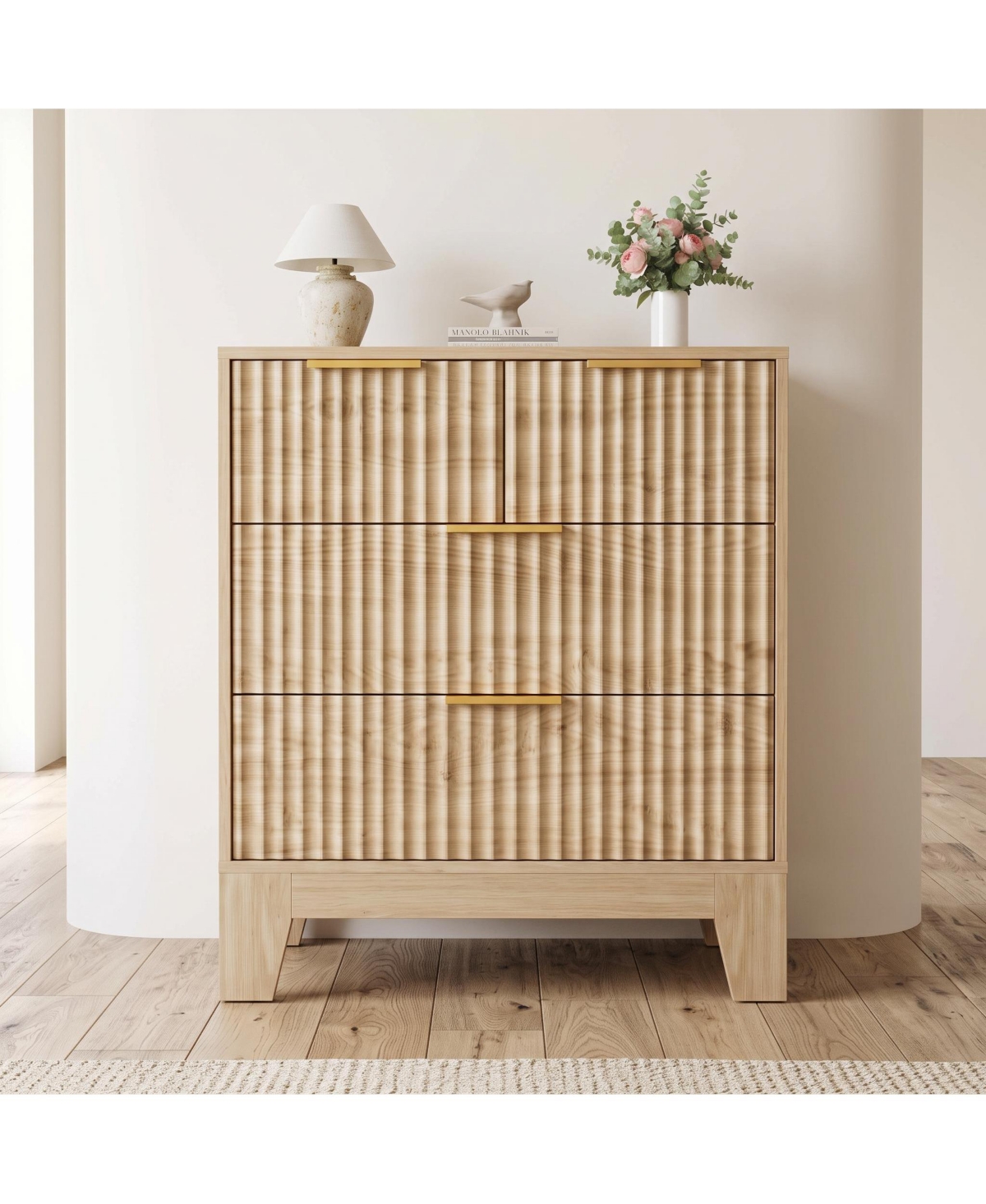 homfan 4-Drawer Wave-Textured Dresser, Tall Mdf Storage Chest with Ribbed Finish, Narrow Organizer for Bedroom, Closet and Small Spaces