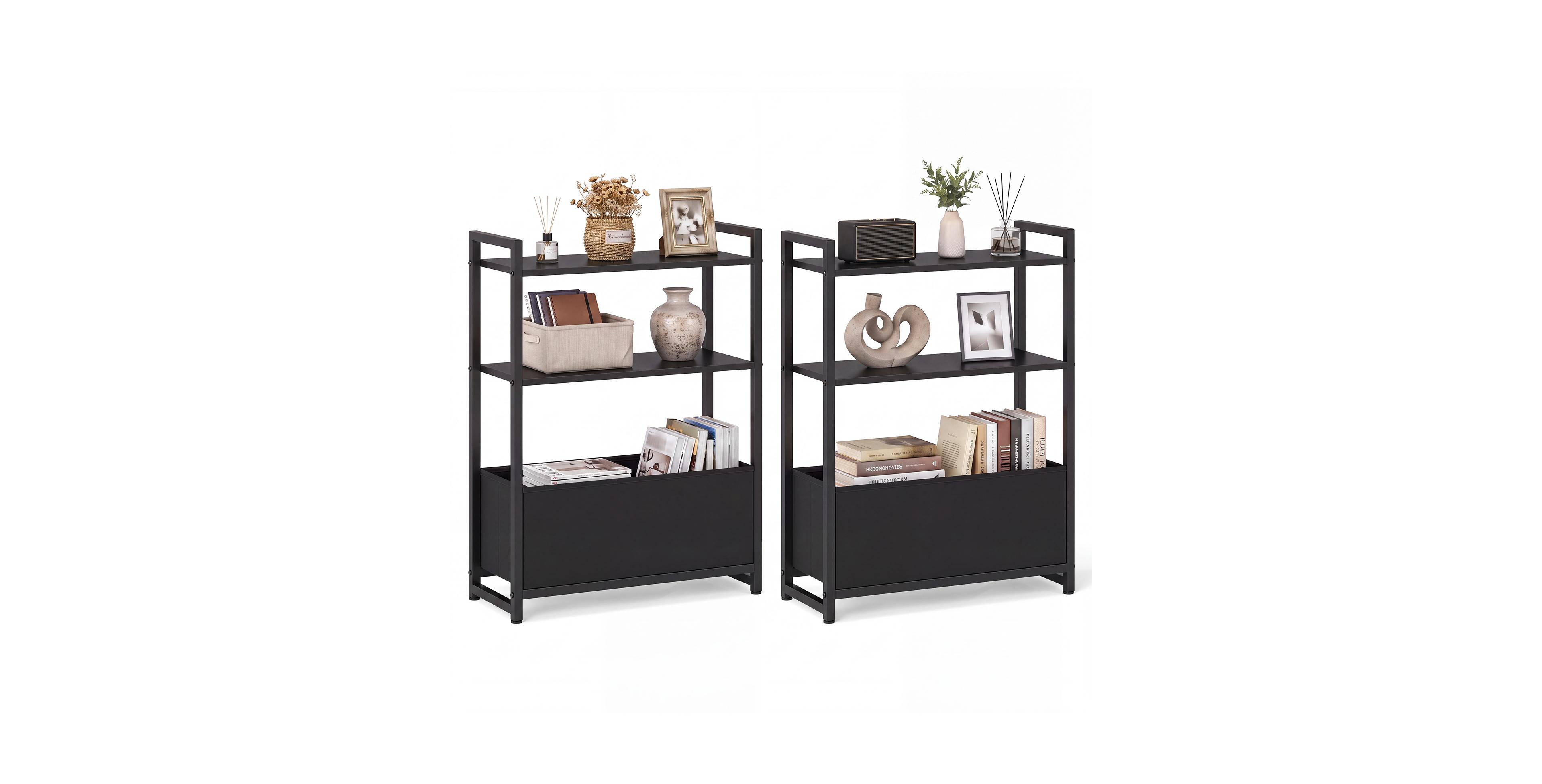 Gymax 2Piecs Skinny Couch Side Table with Storage Shelves and Metal Frame Slim Nightstand