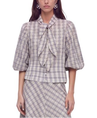 Women's Checked Tie Neck Cropped Shirt