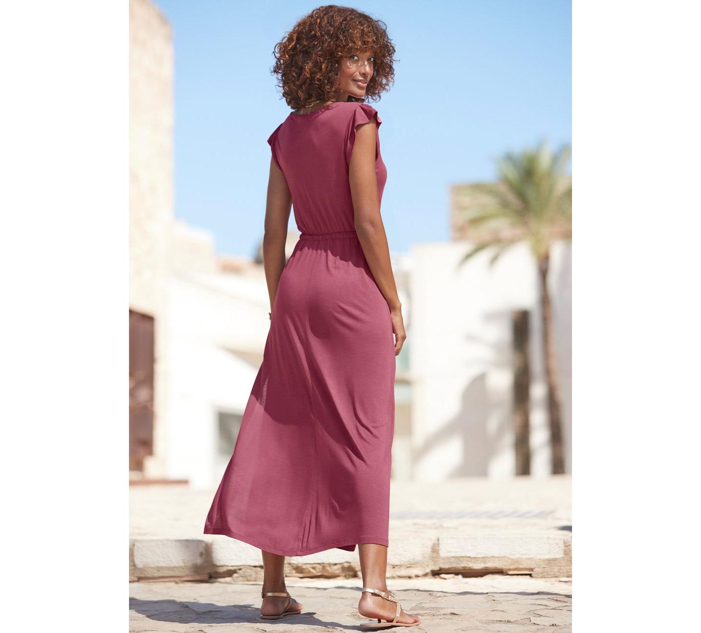 Женское платье Lascana Viscose Printed Side Slit A-Line V-Neck Elastic-Waist Maxi, цвет: Ягодный — фото 4