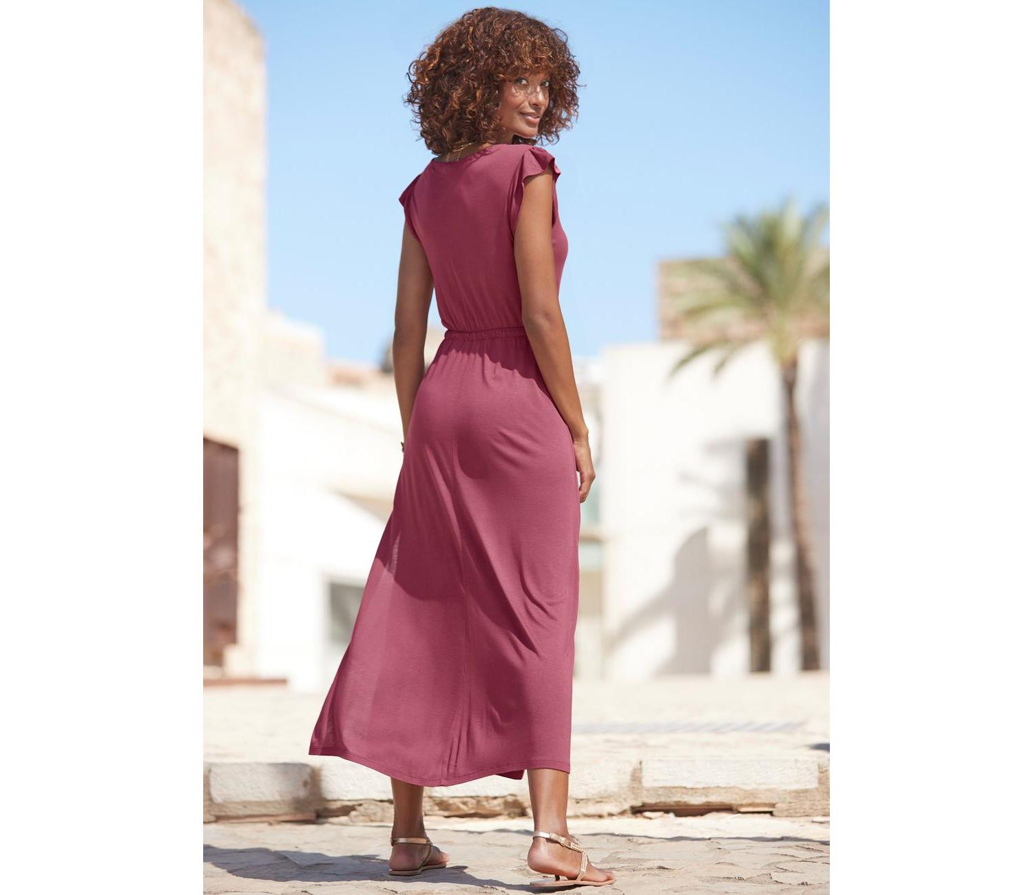 Women's Viscose Printed Side Slit A-Line V-Neck Elastic-Waist Maxi Dress