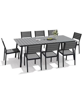 9-Piece Outdoor Dining Set Stackable Chairs and Aluminum Dining Table with Umbrella Hole for Deck, Porch and Backyard