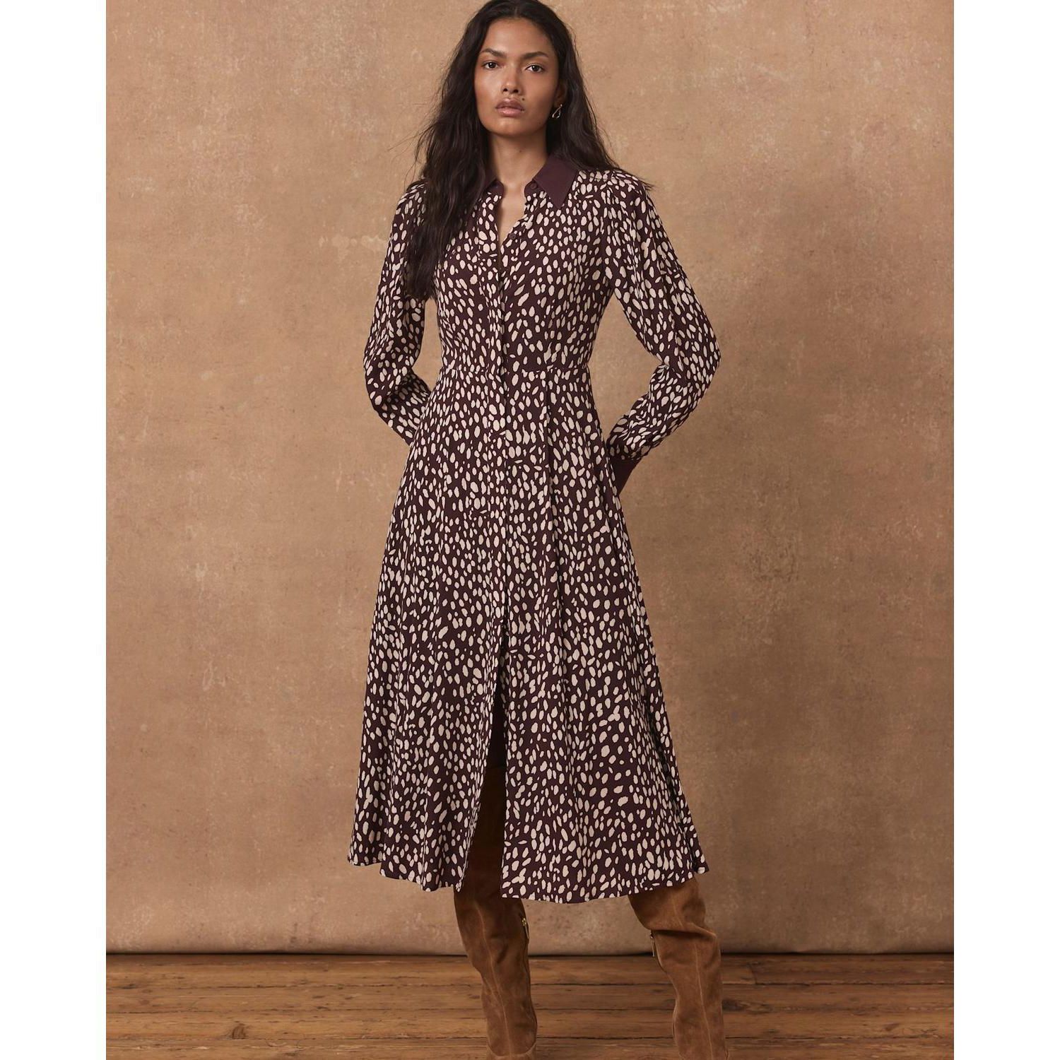 Women's Printed Contrast Midi Shirt Dress