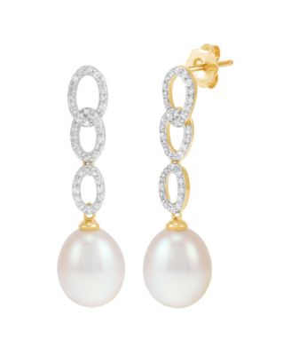 Cultured Freshwater Pearl and Diamond Dangle Earrings (1/4 ct. t.w.) in 10k Yellow Gold