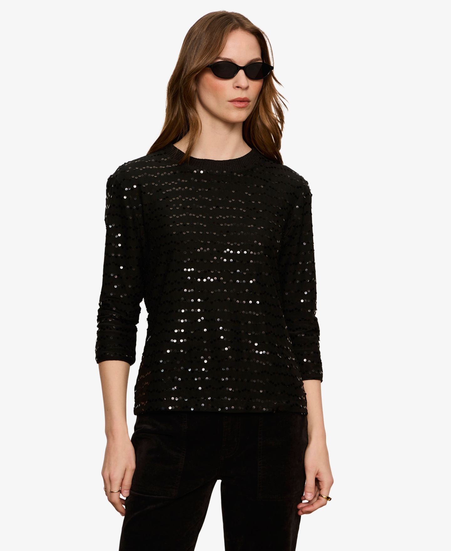 Женская футболка Sanctuary Mode Sequin-Embellished 3/4-Sleeve, цвет: Чёрный — фото 3