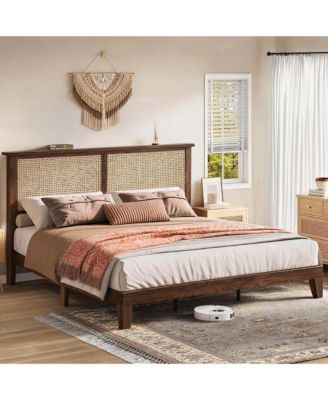 Queen Size Platform Bed Frame, Modern Rattan Headboard with Accent Lighting, Farmhouse Mattress Foundation with Wood Slats