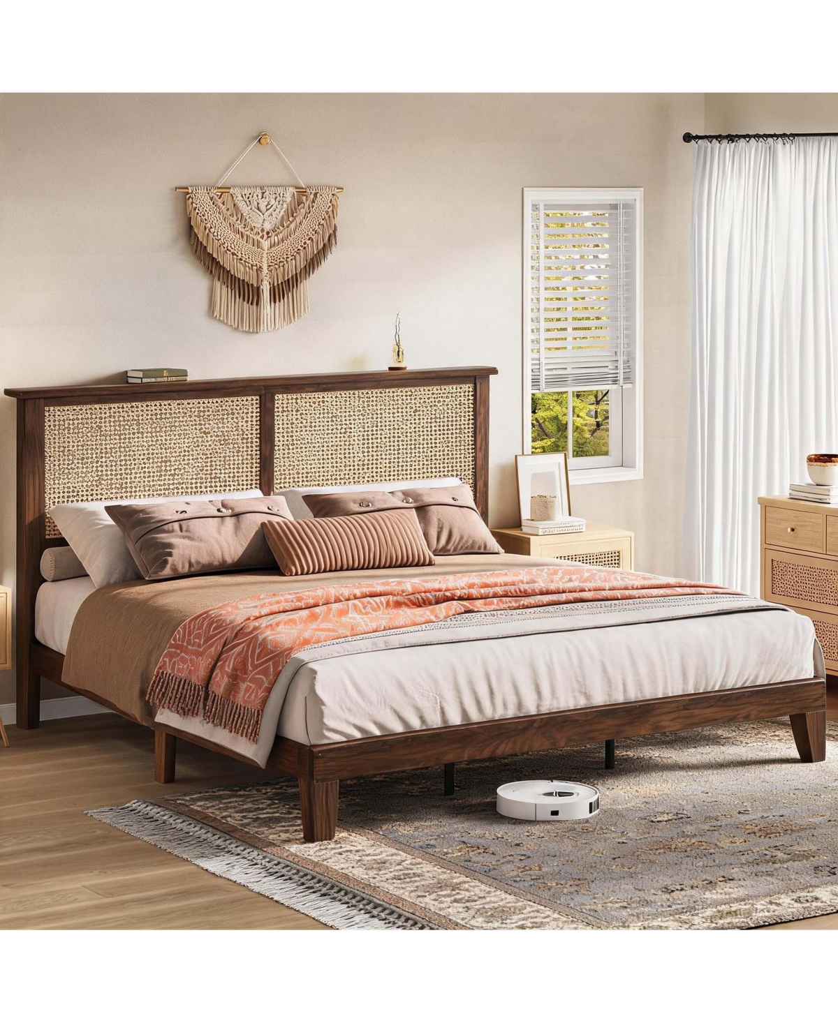 gaomon Queen Size Platform Bed Frame, Modern Rattan Headboard with Accent Lighting, Farmhouse Mattress Foundation with Wood Slats