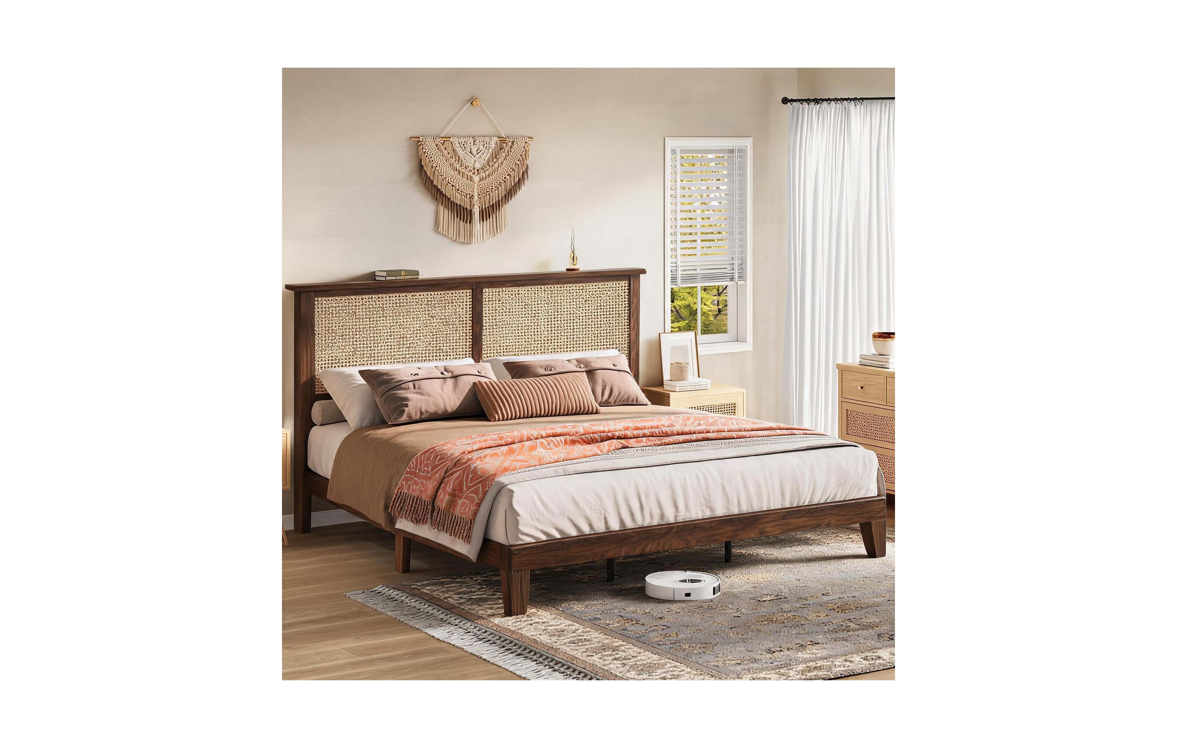 gaomon Queen Size Platform Bed Frame, Modern Rattan Headboard with Accent Lighting, Farmhouse Mattress Foundation with Wood Slats