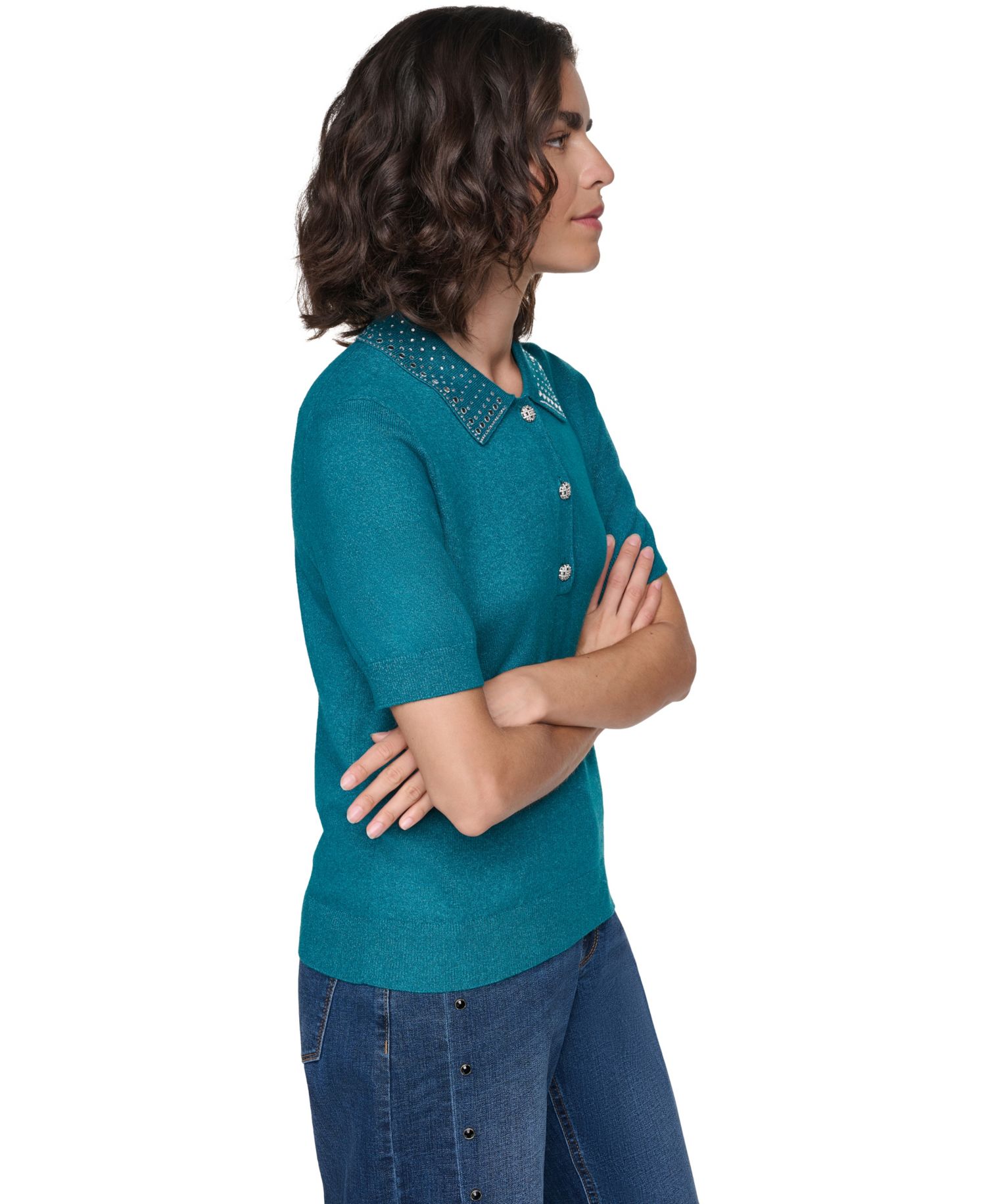 Petite Key Item Short-Sleeve Embellished-Collar Polo Shirt