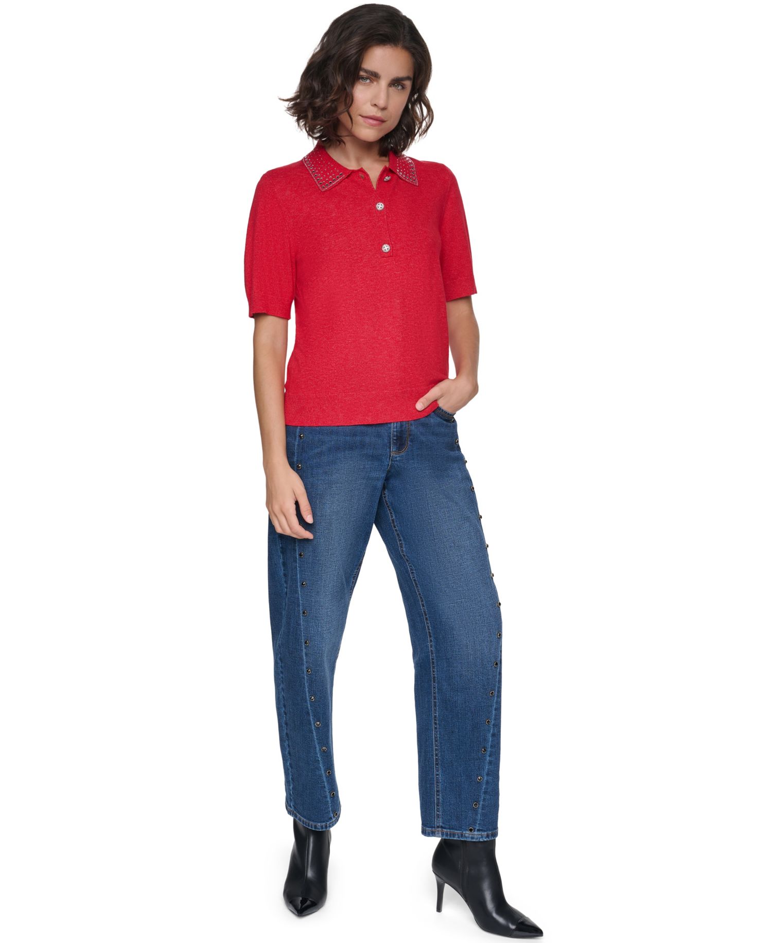 Petite Key Item Short-Sleeve Embellished-Collar Polo Shirt