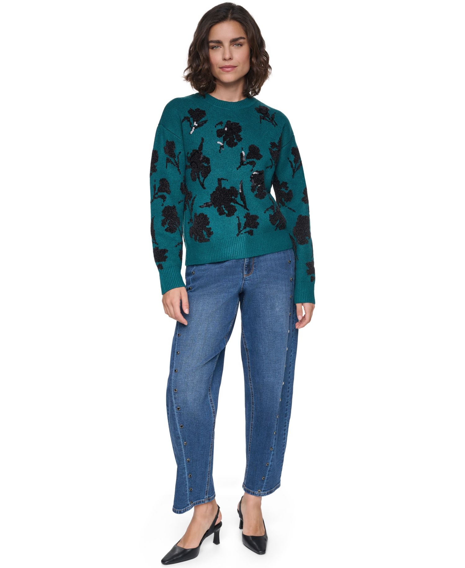 Petite Floral-Sequin Crewneck Sweater