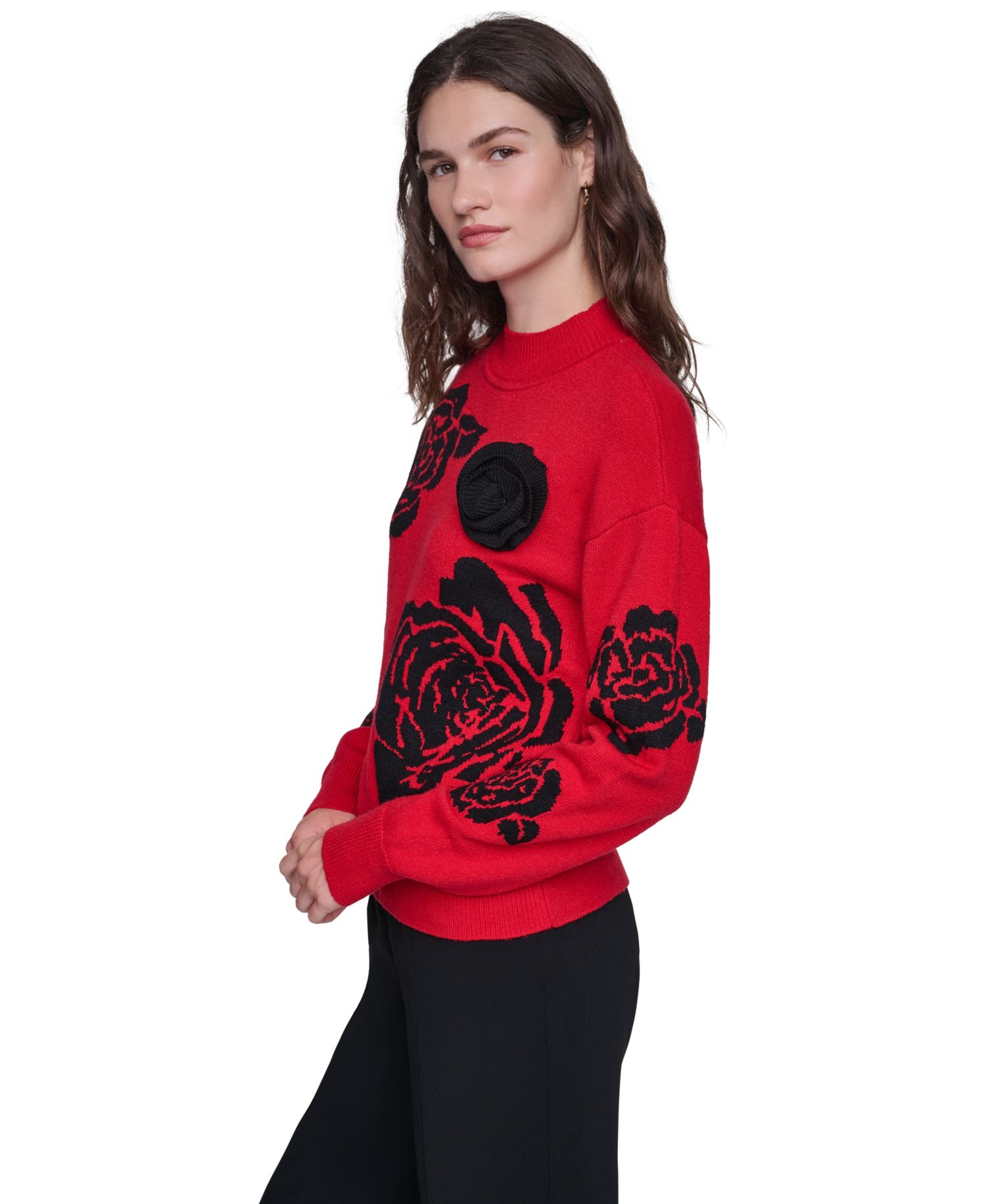 petite Mock-Neck Long-Sleeve Floral Sweater