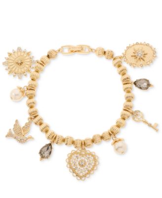 Gold-Tone Crystal and Imitation Pearl Charm Bracelet