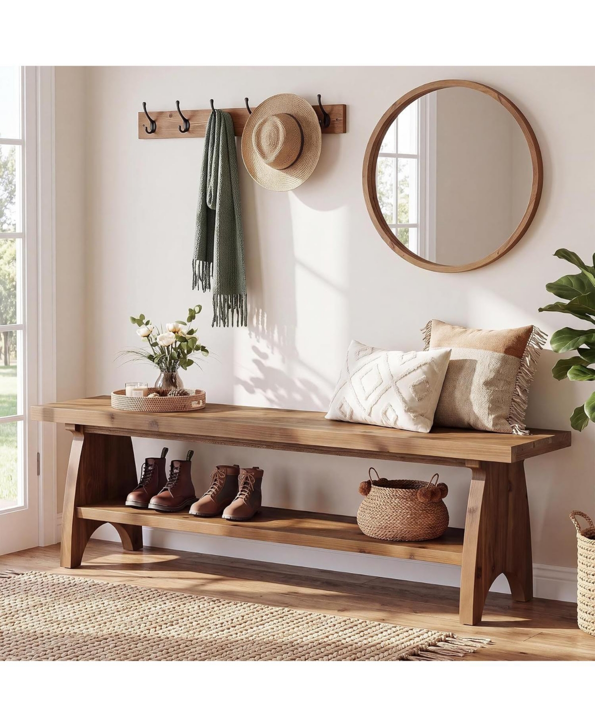 Tribesigns 55-Inch Farmhouse Solid Wood Entryway Bench with Shoe Storage