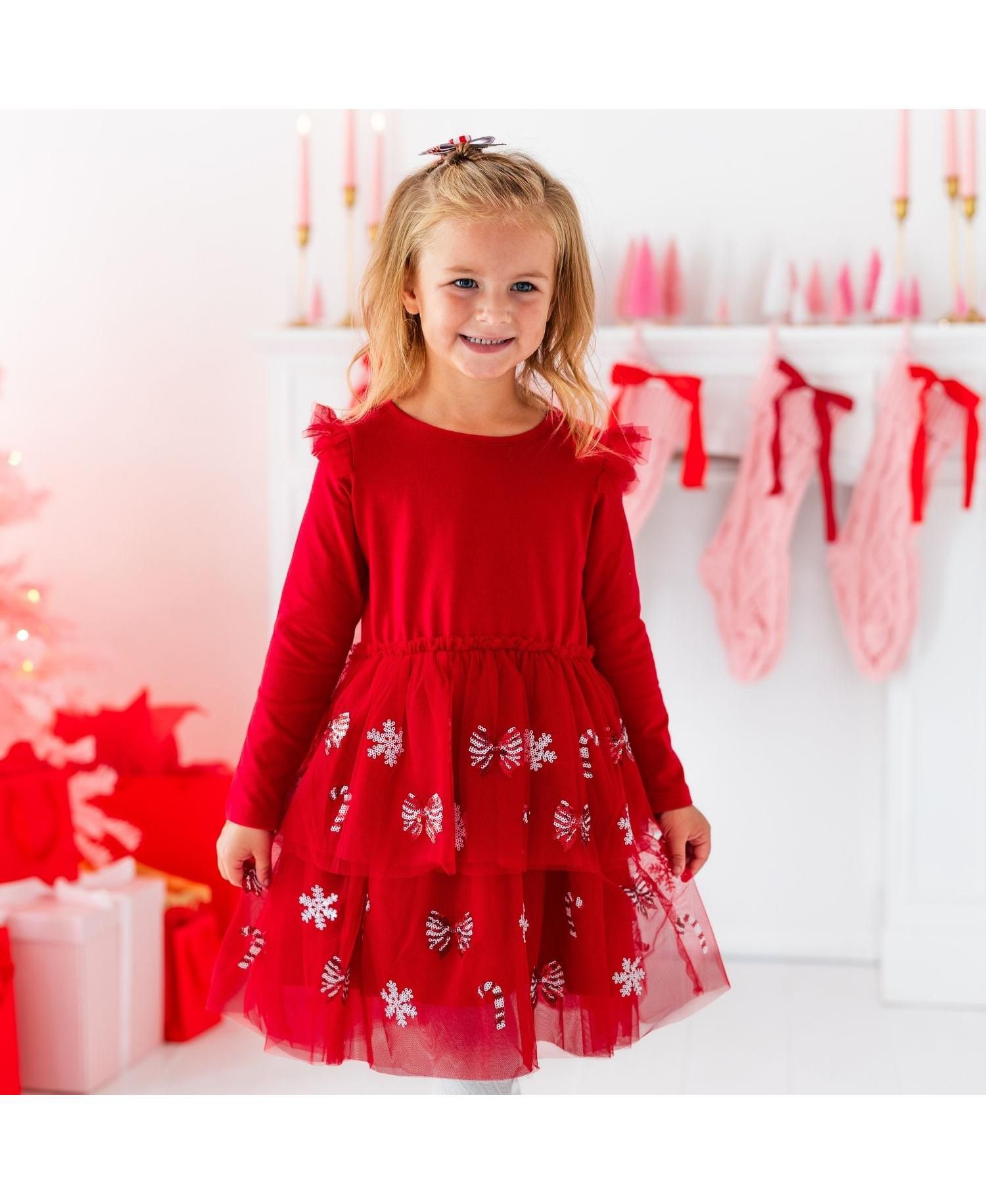 Girls' 4-16 Peppermint Swirl Long-Sleeve Holiday Sequin Tutu Dress