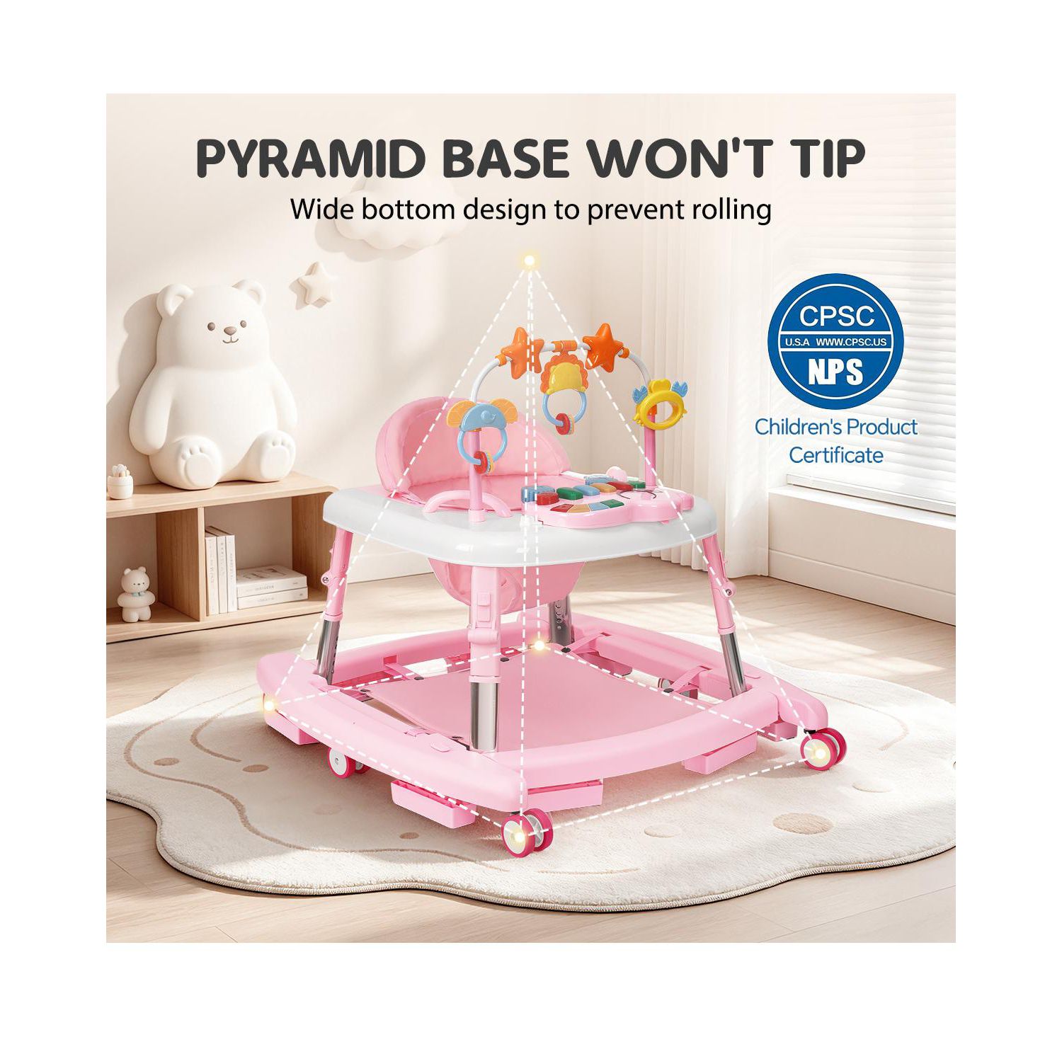 5-in-1 baby walker with adjustable height, activity panel and foldable design