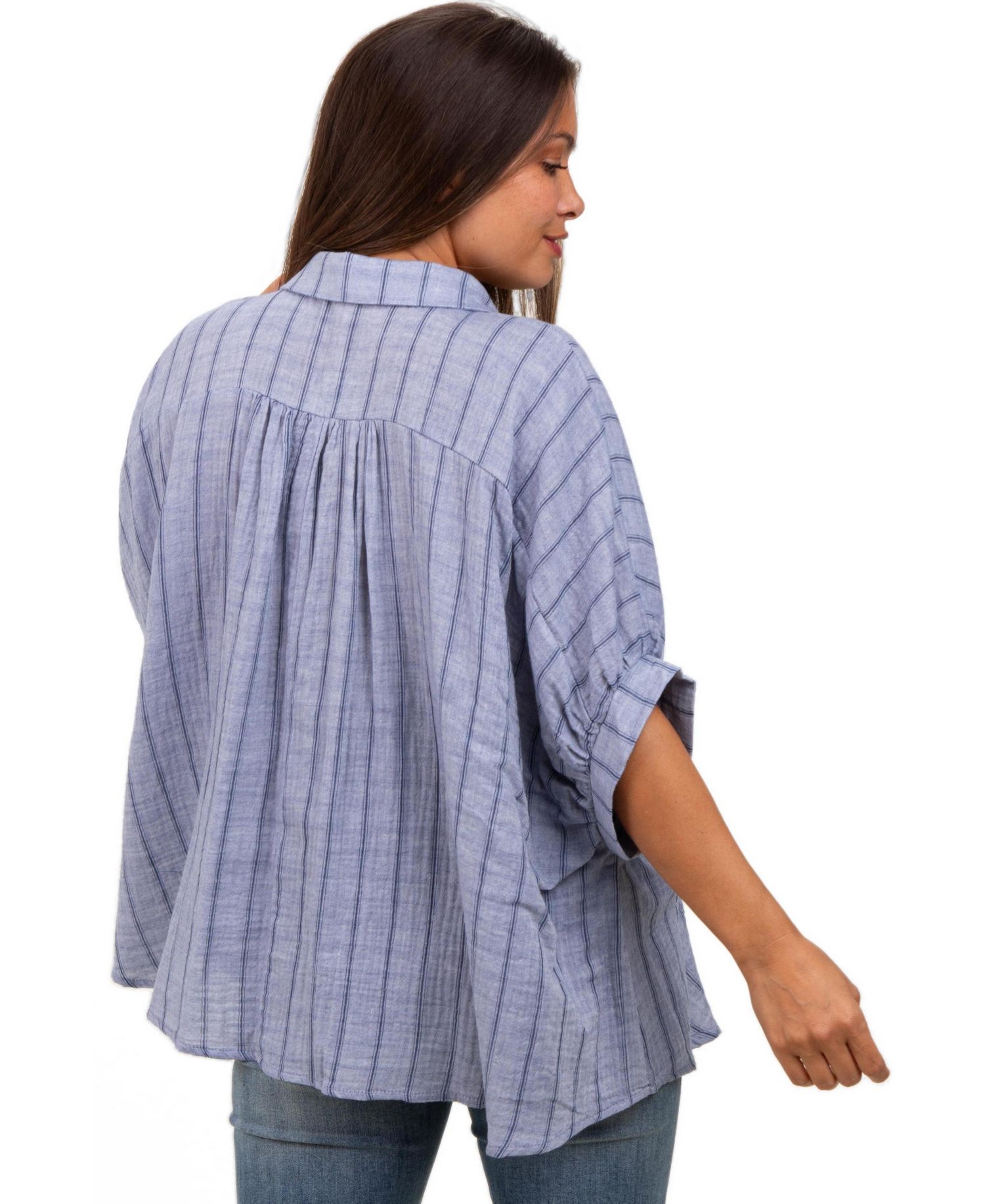Women's Blue Striped Collared Oversized Top