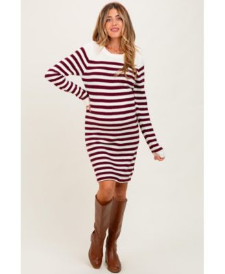 Women's Burgundy Striped Button Accent Mini Sweater Dress