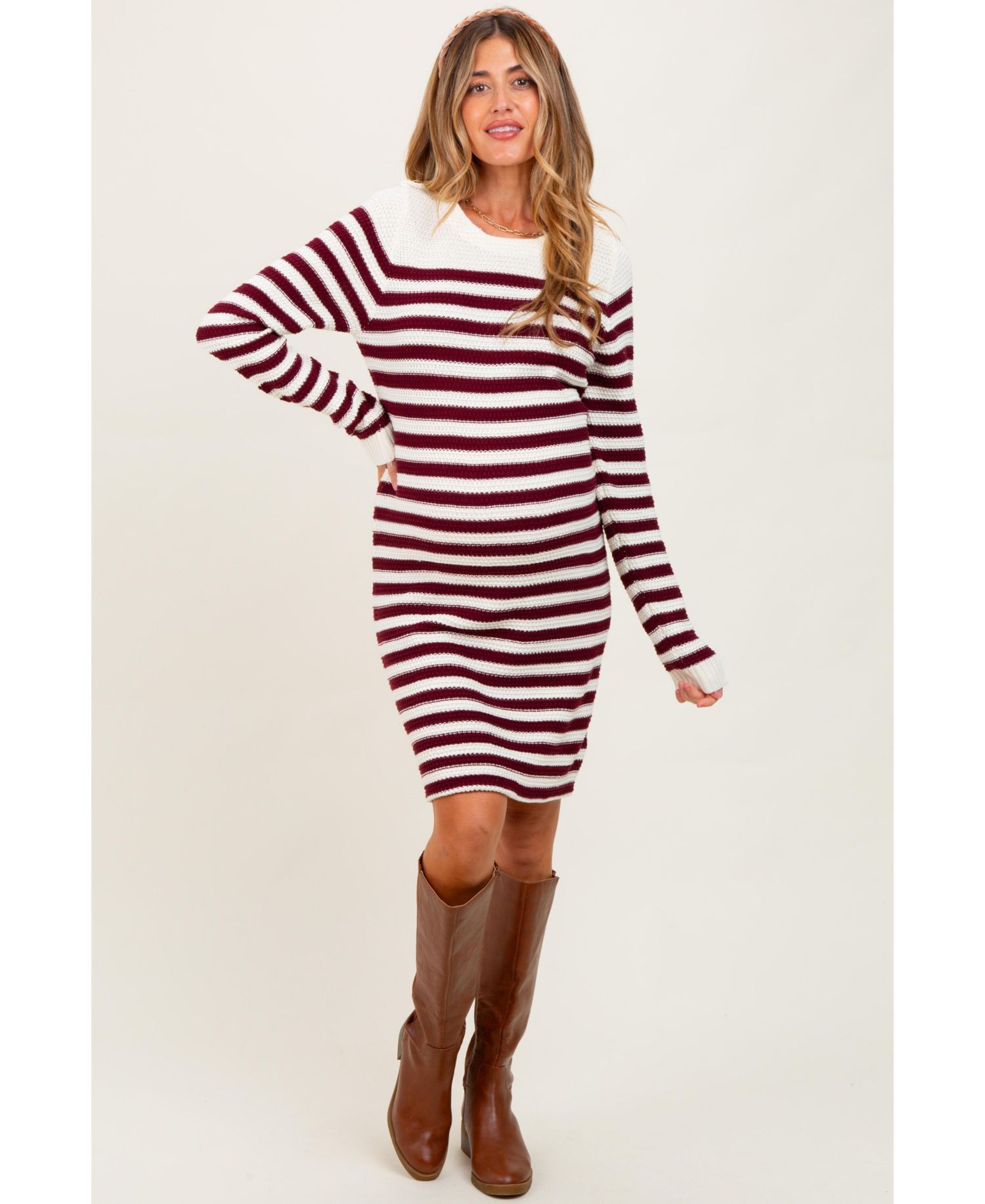 Women's Burgundy Striped Button Accent Mini Sweater Dress