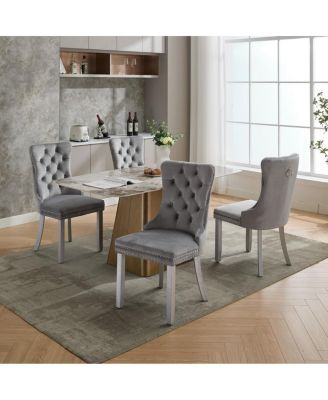 Modern Mid-Century Upholstered Dining Chair Set of 4, Tufted Back, Silver Metal Legs, Nailhead Trim, High-Back Comfort