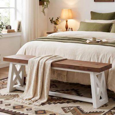 55-Inch End of Bed Bench, Farmhouse Solid Wood Bench
