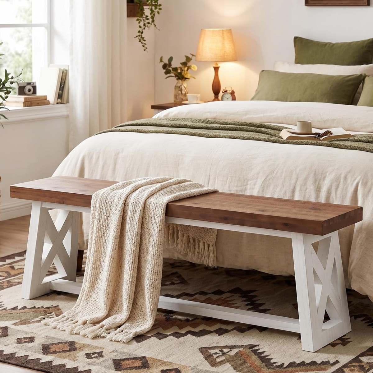 Tribesigns 55-Inch End of Bed Bench, Farmhouse Solid Wood Bench - Brown and white