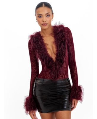 Women Valene Burgundy Burnout Velvet Fur-Trim Bodysuit