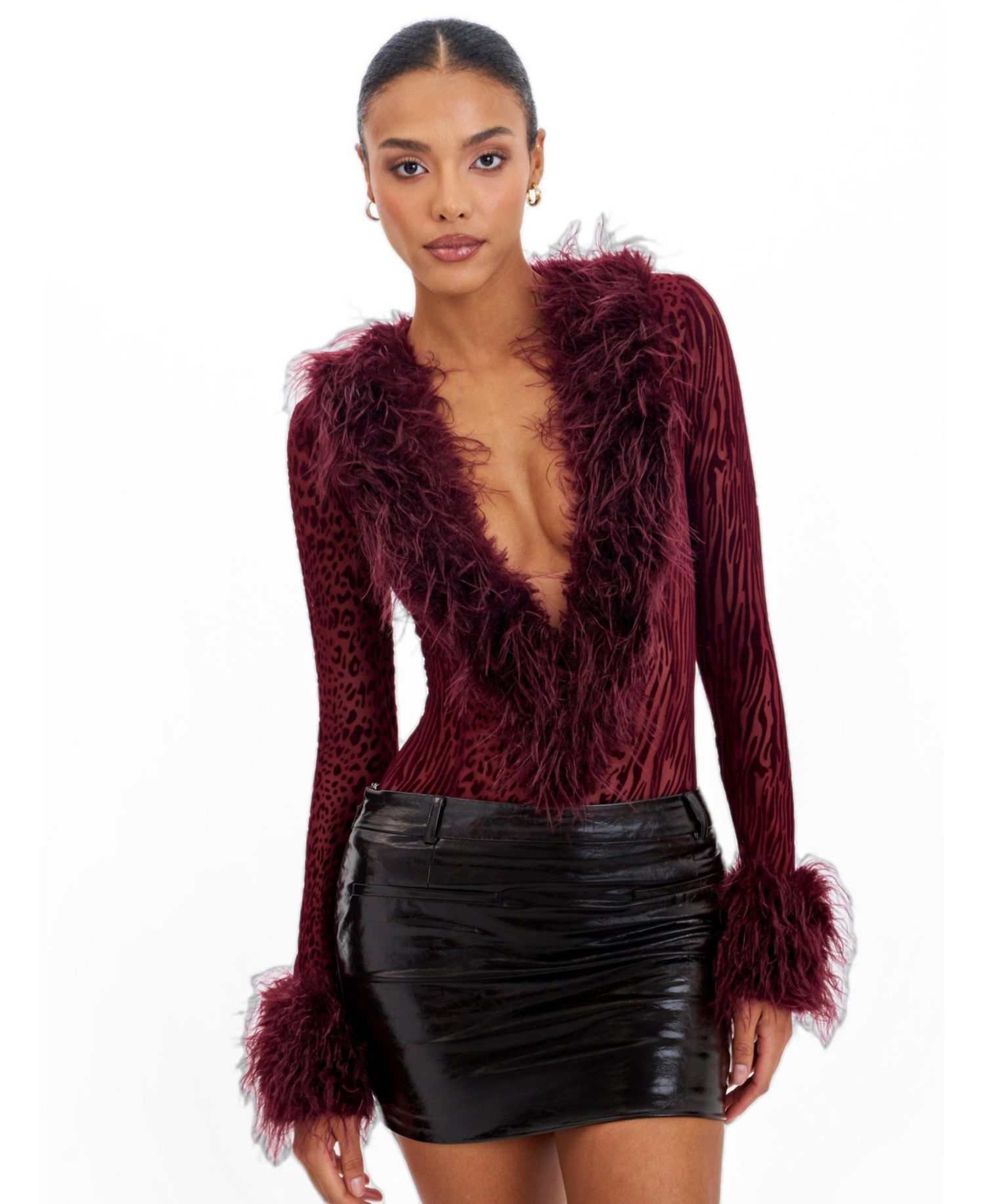 Women Valene Burgundy Burnout Velvet Fur-Trim Bodysuit