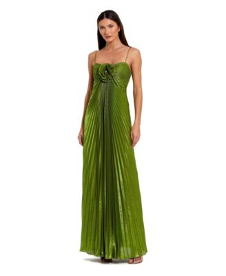 Women's Metallic Pleated 3D Floral Gown