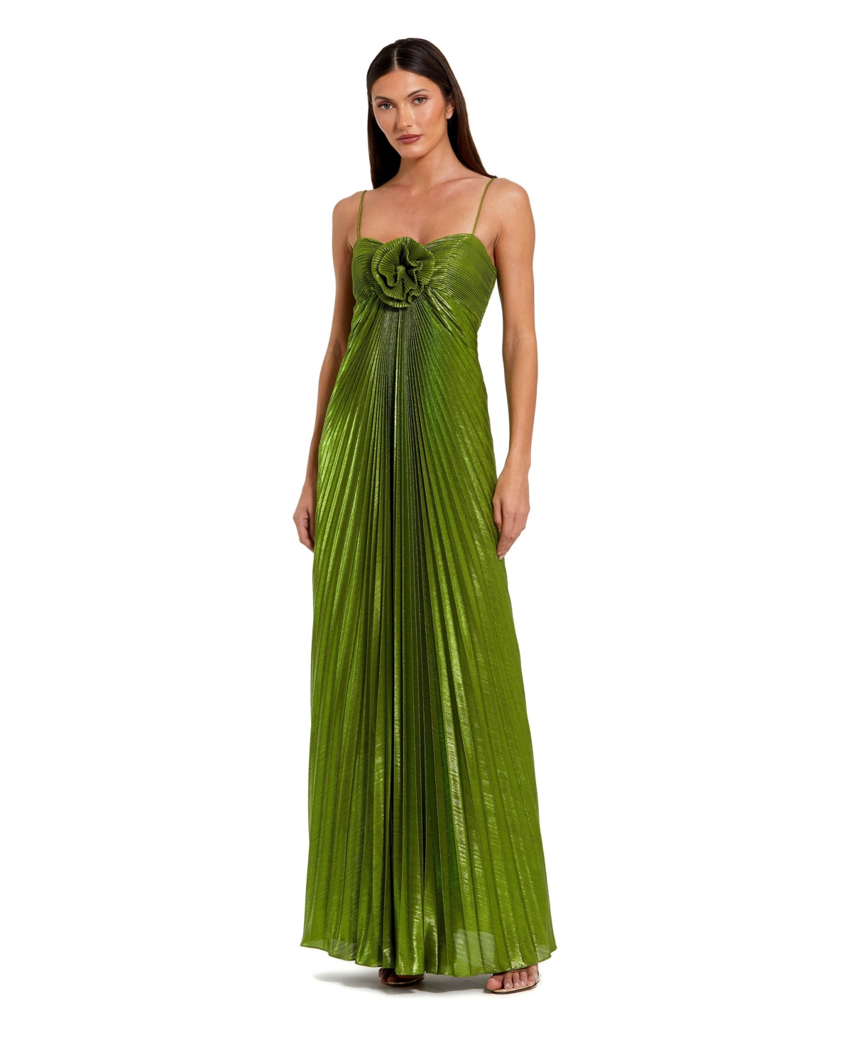 Ieena for Mac Duggal - Apple Green Metallic Pleated Gown With 3D Flower - US 16