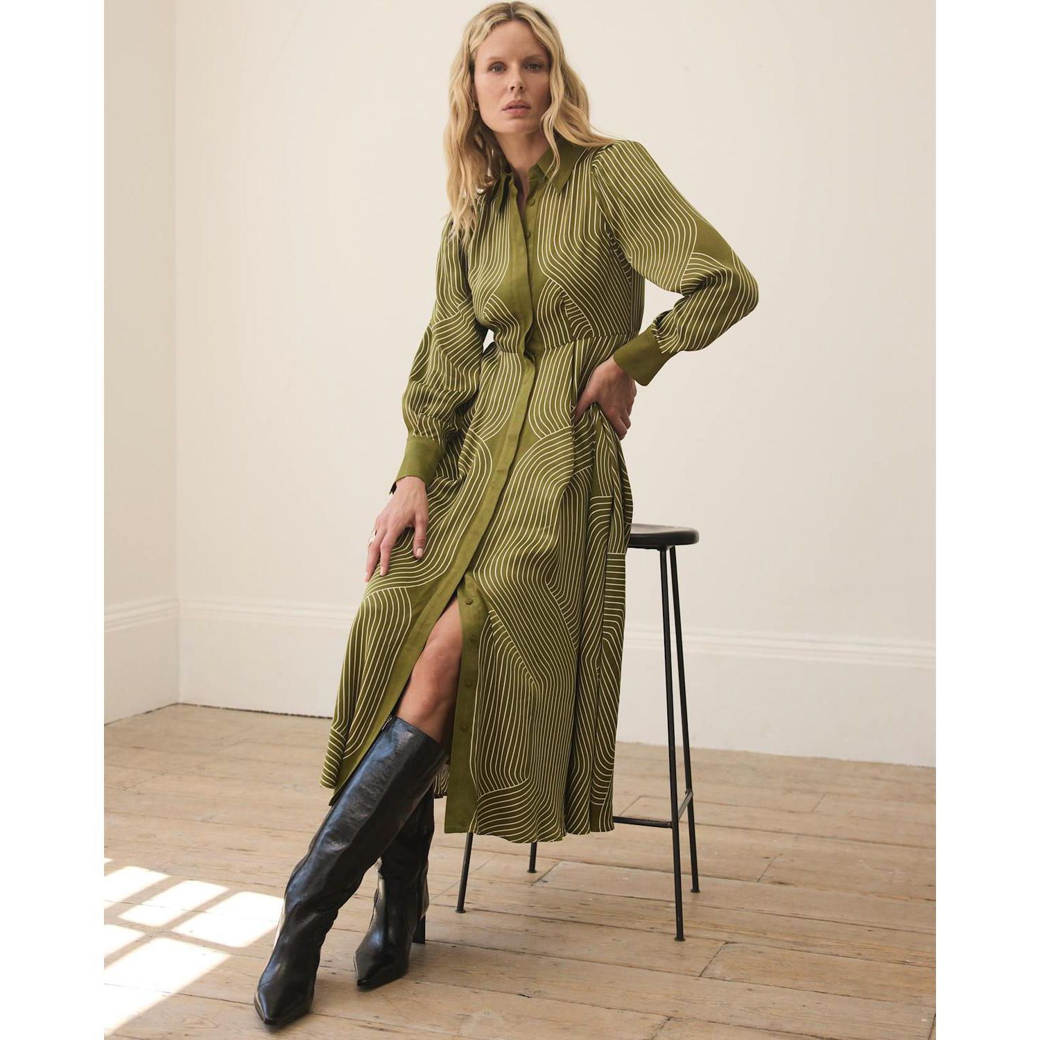 Women's Long-Sleeve Satin A-Line Midi Shirt Dress