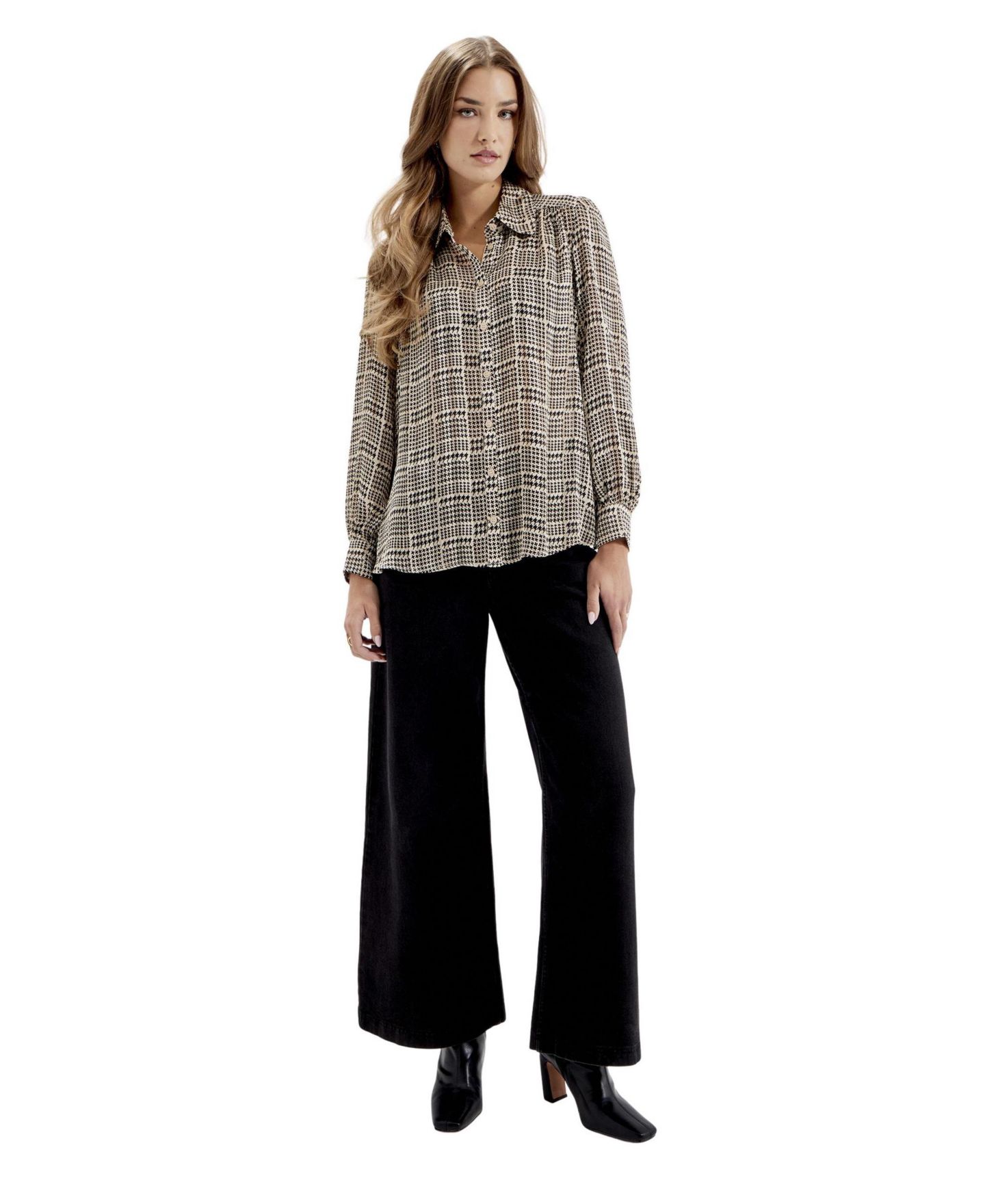 Женская блузка Finery London Melina Long Sleeve Chiffon, цвет: Бежевая гусиная лапка — фото 4