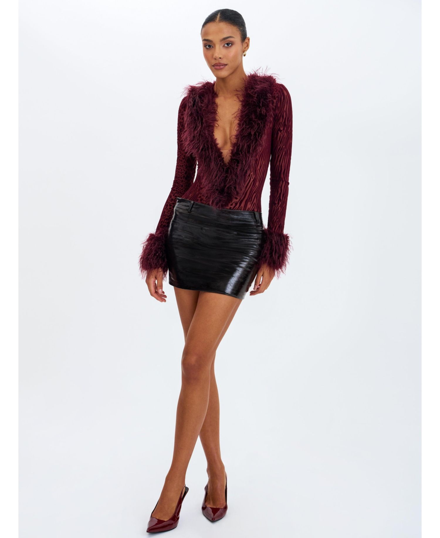 Women Valene Burgundy Burnout Velvet Fur-Trim Bodysuit